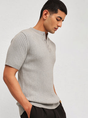 Grey Rib Relax Fit Henley T-Shirt-MASCLN SASSAFRAS