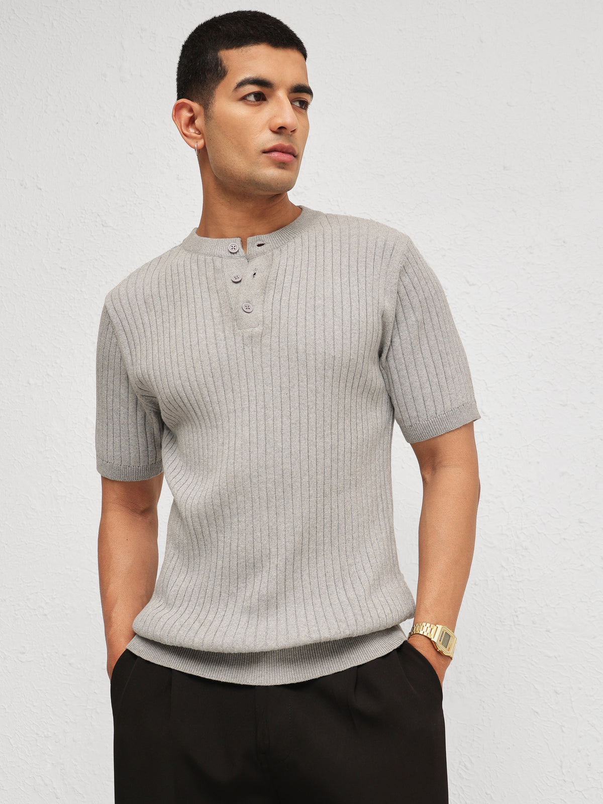 Grey Rib Relax Fit Henley T-Shirt-MASCLN SASSAFRAS