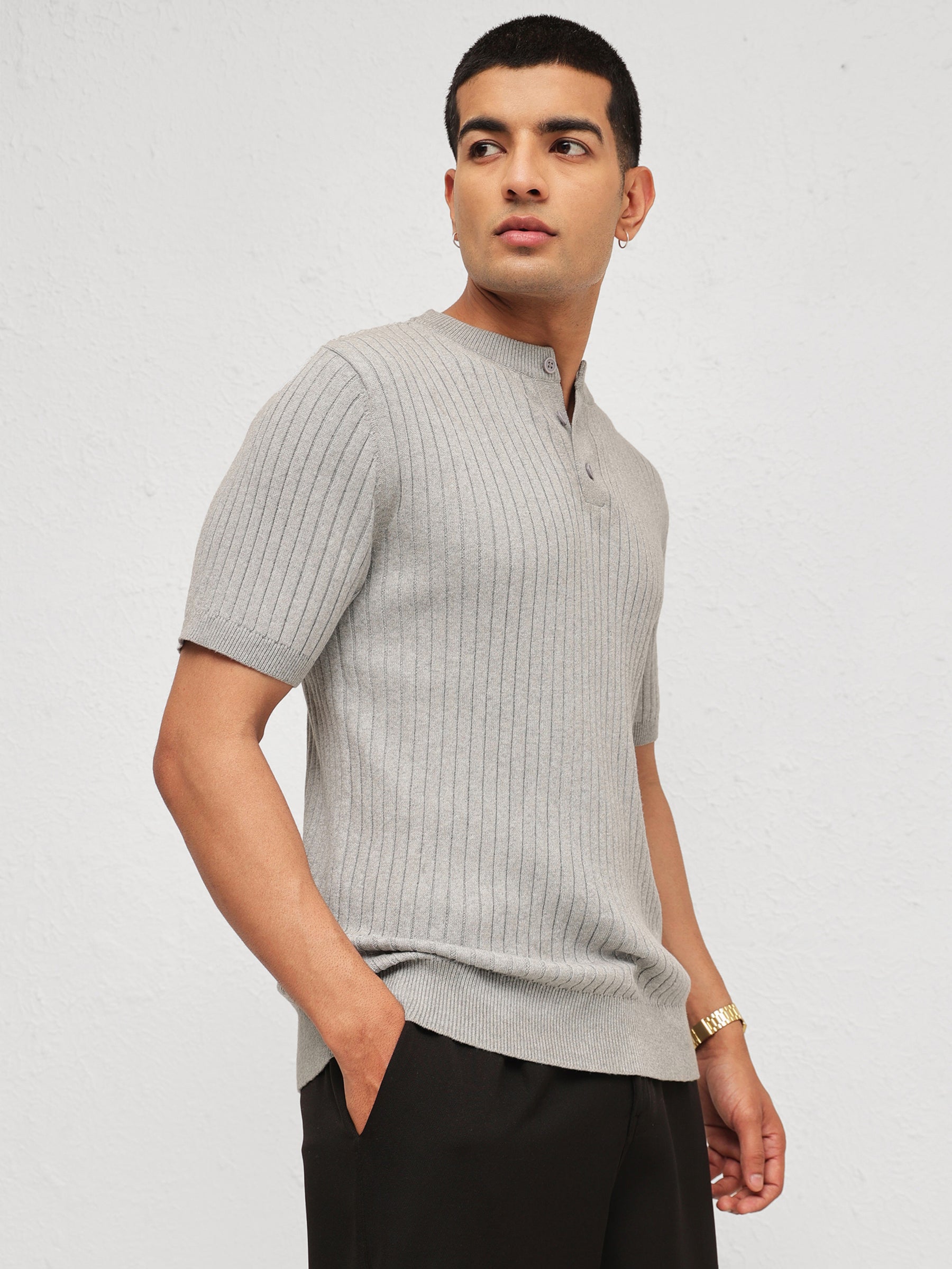 Grey Rib Relax Fit Henley T-Shirt-MASCLN SASSAFRAS