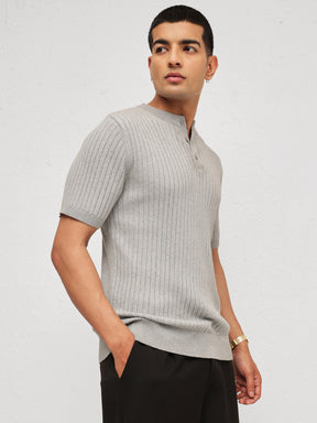 Grey Rib Relax Fit Henley T-Shirt-MASCLN SASSAFRAS