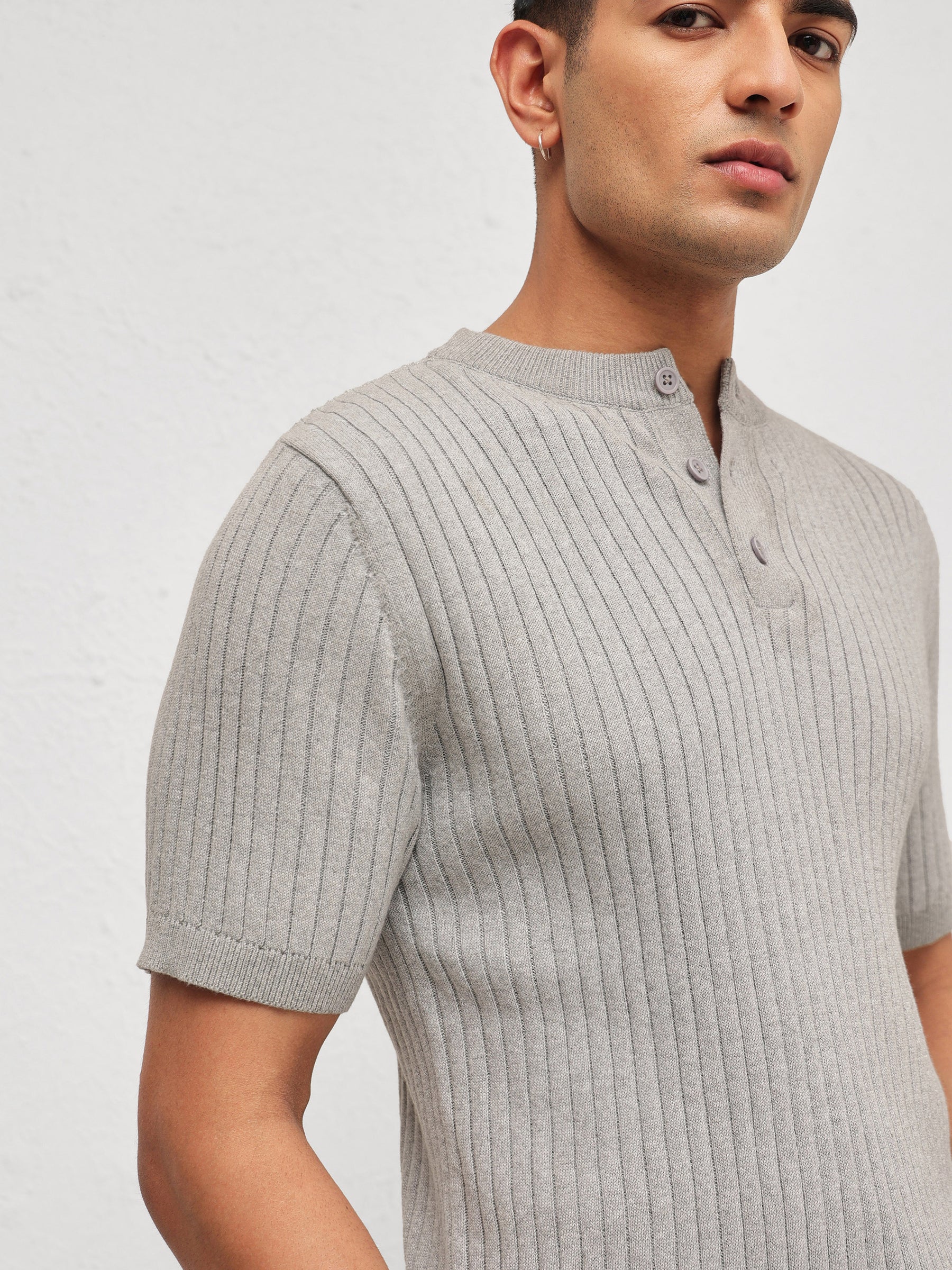 Grey Rib Relax Fit Henley T-Shirt-MASCLN SASSAFRAS