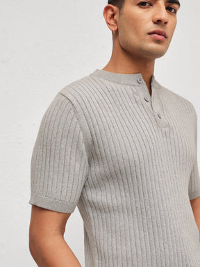 Grey Rib Relax Fit Henley T-Shirt-MASCLN SASSAFRAS