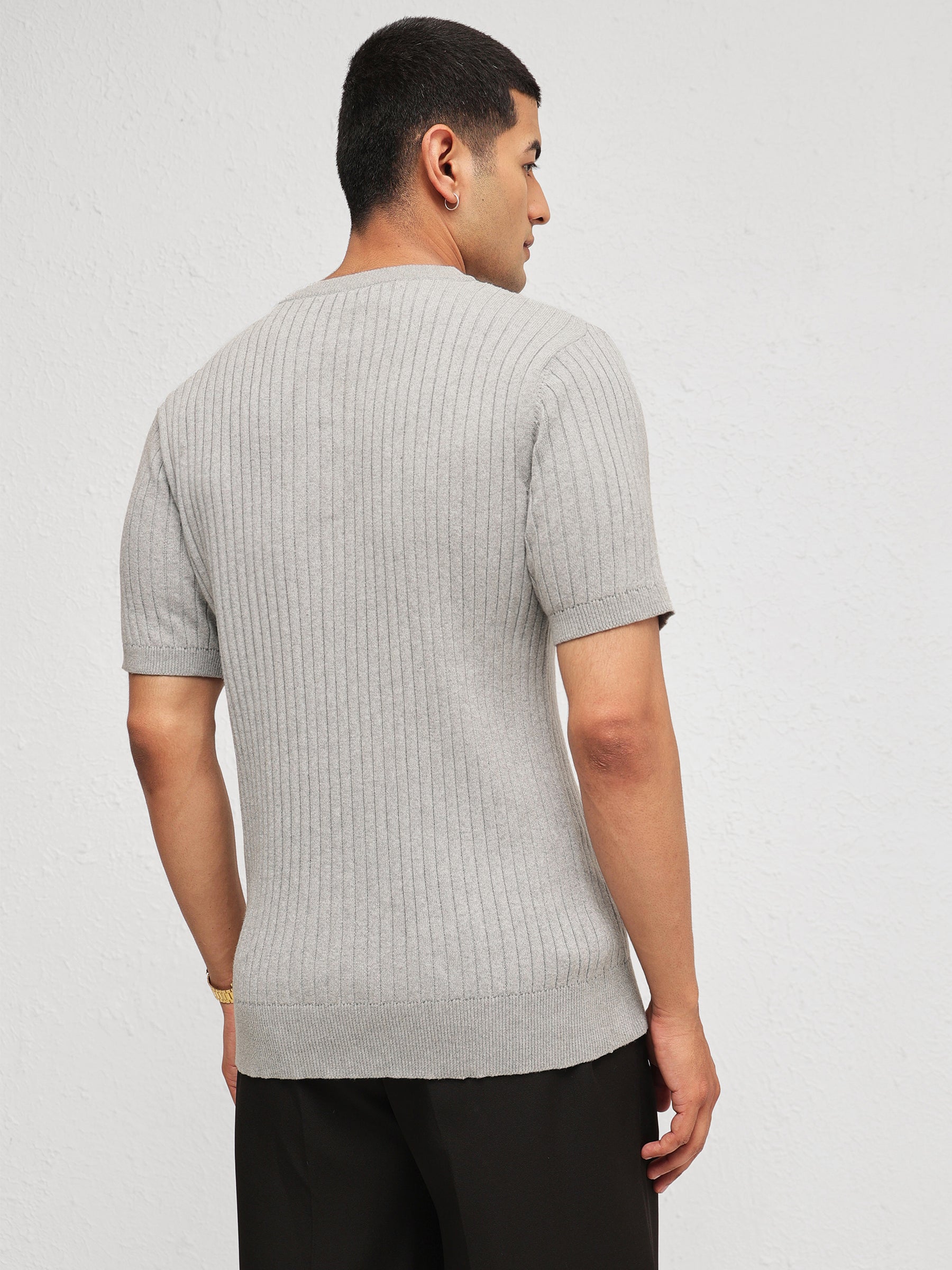 Men Grey Rib Relax Fit Henley T-Shirt