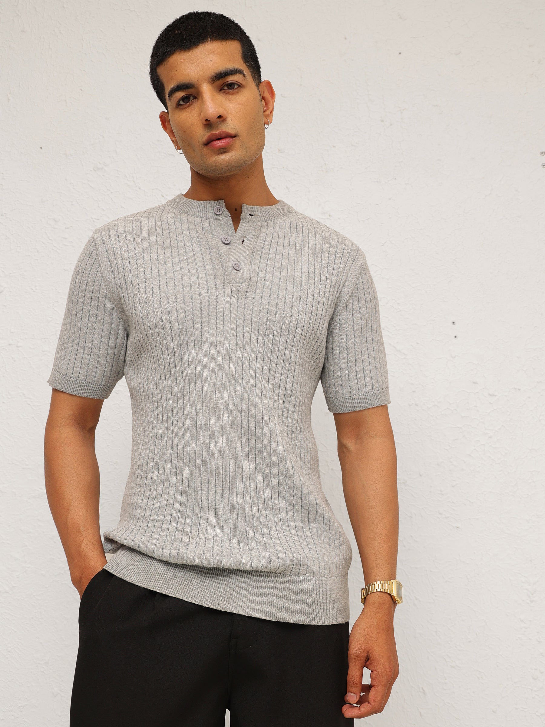 Men Grey Rib Relax Fit Henley T-Shirt