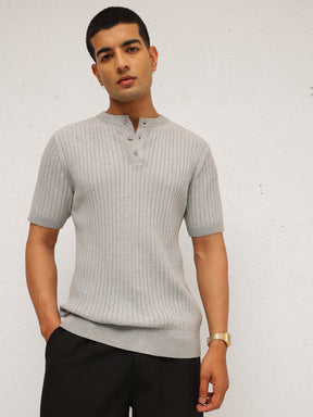 Men Grey Rib Relax Fit Henley T-Shirt