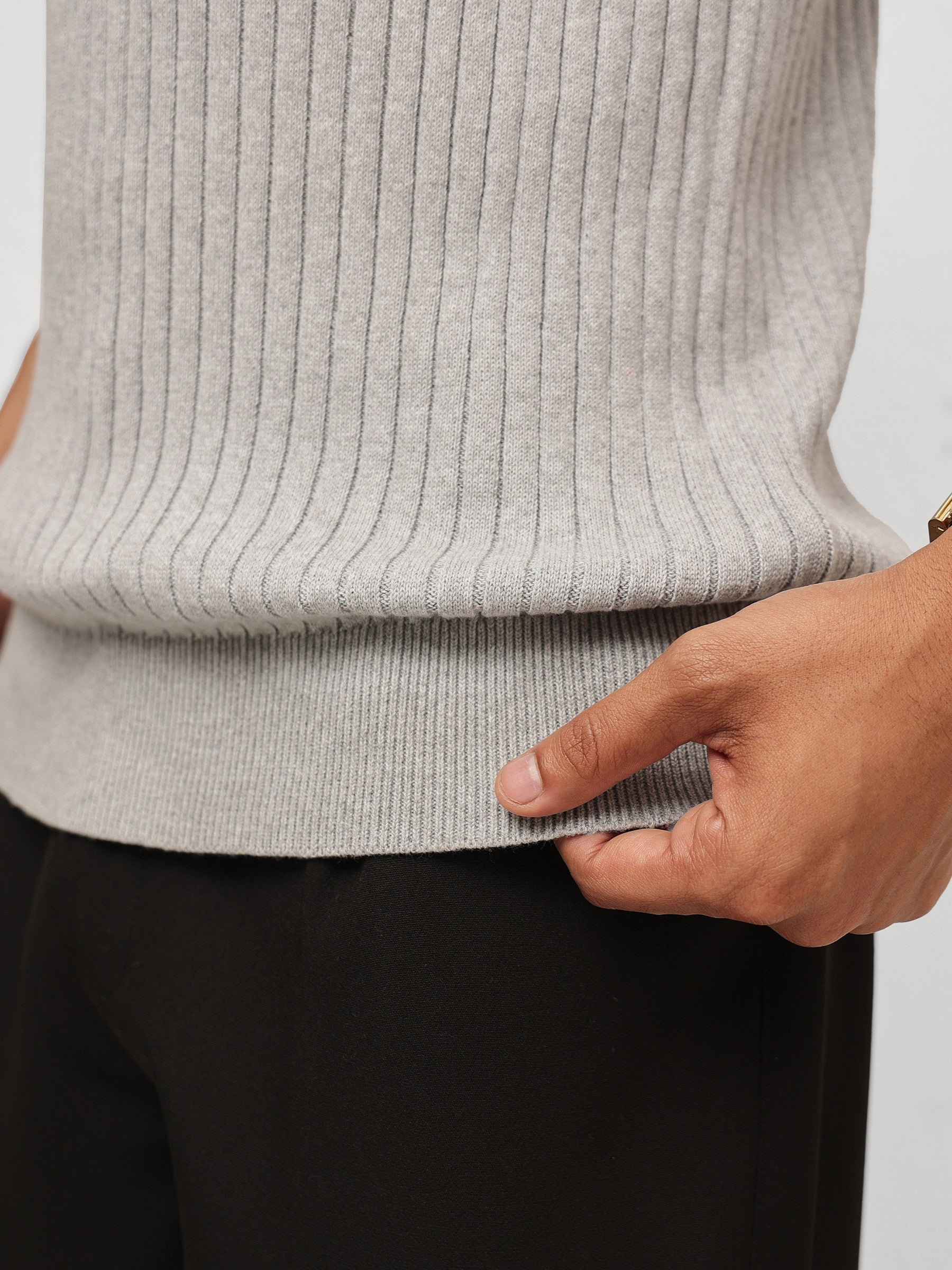 Men Grey Rib Relax Fit Henley T-Shirt