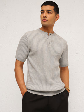 Men Grey Rib Relax Fit Henley T-Shirt