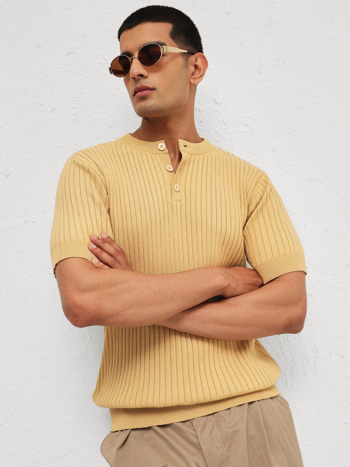 Beige Rib Relax Fit Henley T-Shirt-MASCLN SASSAFRAS