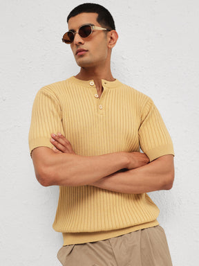 Beige Rib Relax Fit Henley T-Shirt-MASCLN SASSAFRAS