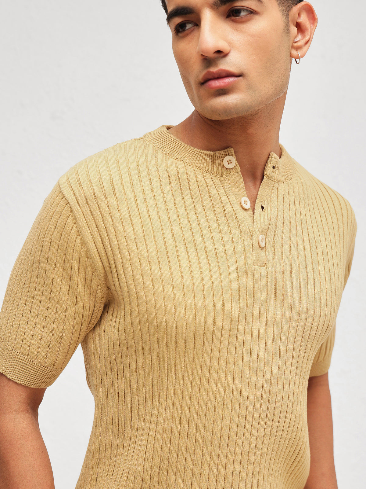 Beige Rib Relax Fit Henley T-Shirt-MASCLN SASSAFRAS