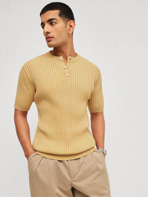 Beige Rib Relax Fit Henley T-Shirt-MASCLN SASSAFRAS