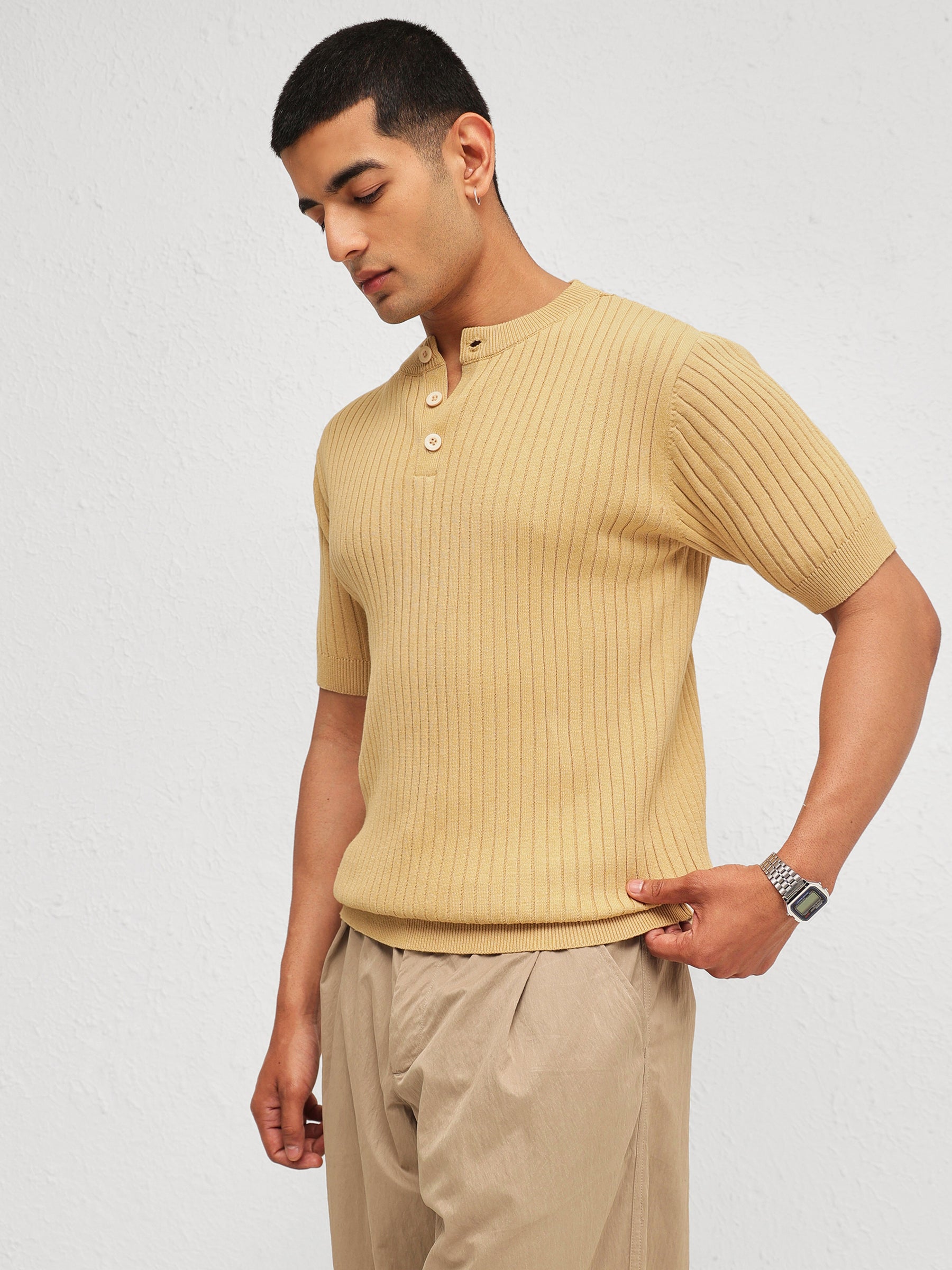 Beige Rib Relax Fit Henley T-Shirt-MASCLN SASSAFRAS