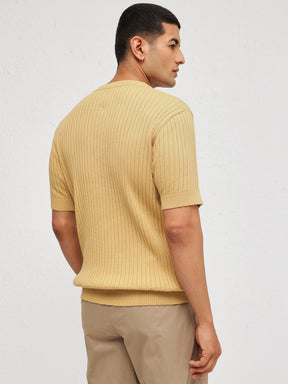 Men Beige Rib Relax Fit Henley T-Shirt