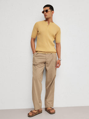 Men Beige Rib Relax Fit Henley T-Shirt