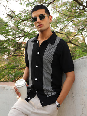 Men Black & Grey Front Button Open T-Shirt