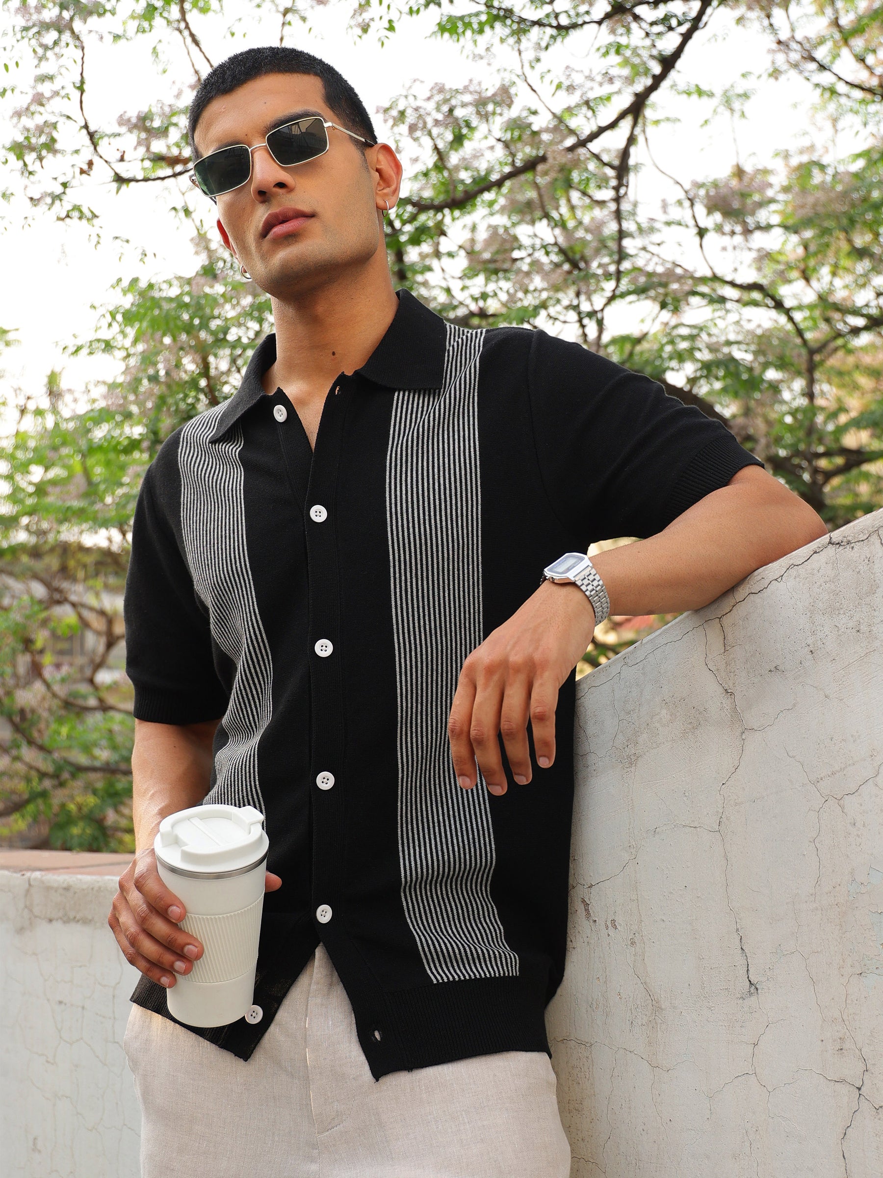 Black & Grey Front Button Open T-Shirt-MASCLN SASSAFRAS