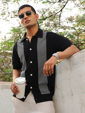Black & Grey Front Button Open T-Shirt-MASCLN SASSAFRAS
