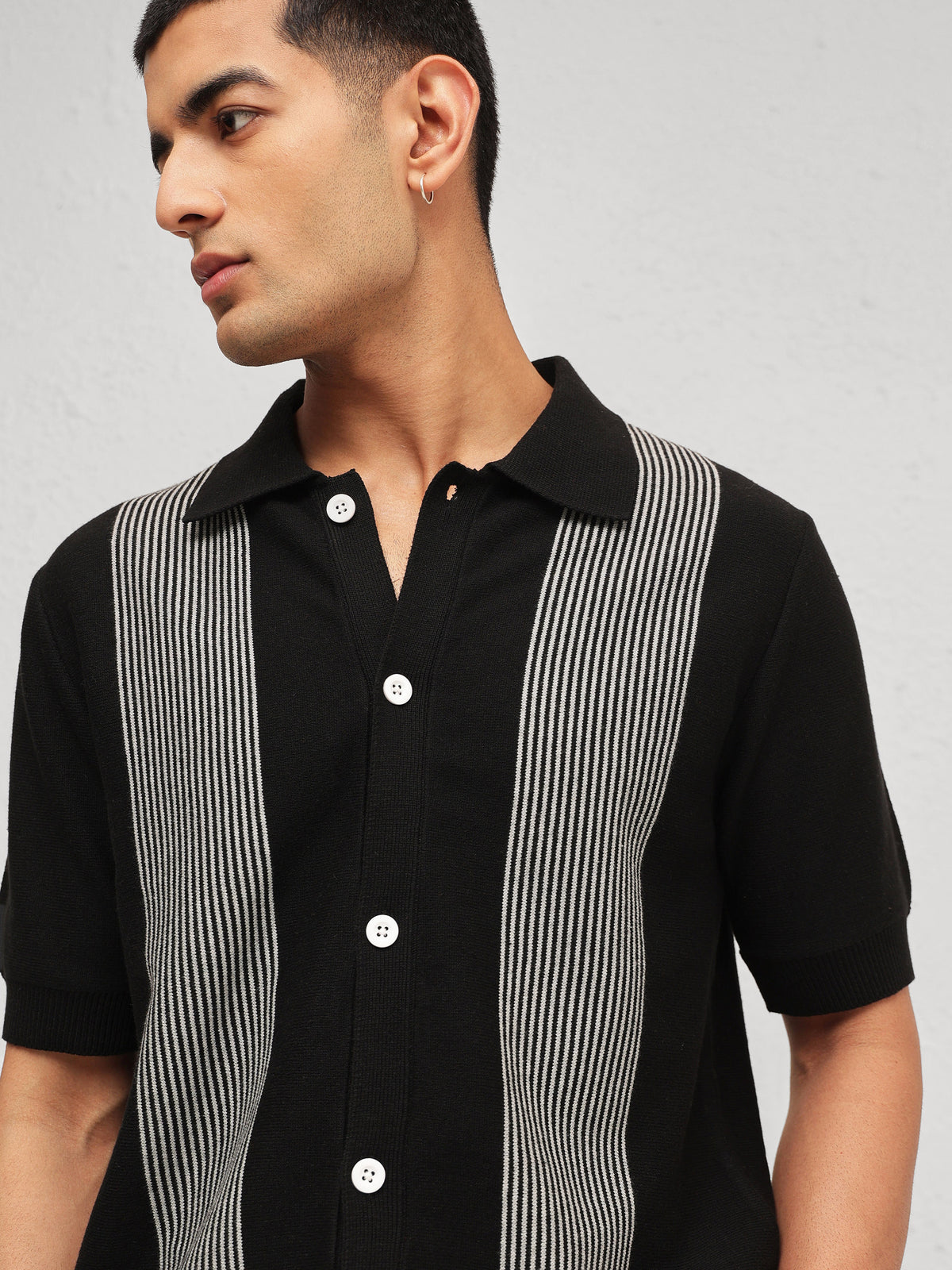 Black & Grey Front Button Open T-Shirt-MASCLN SASSAFRAS