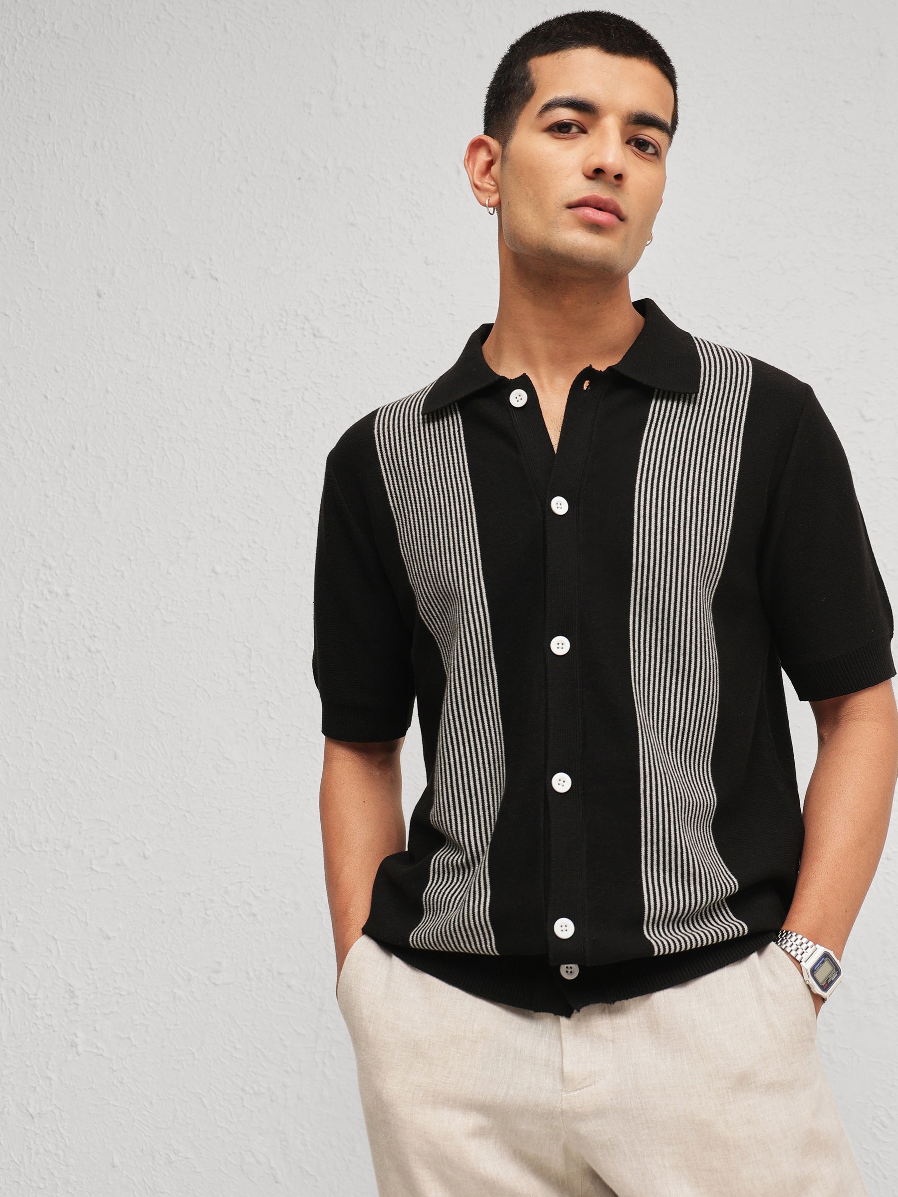 Black & Grey Front Button Open T-Shirt-MASCLN SASSAFRAS