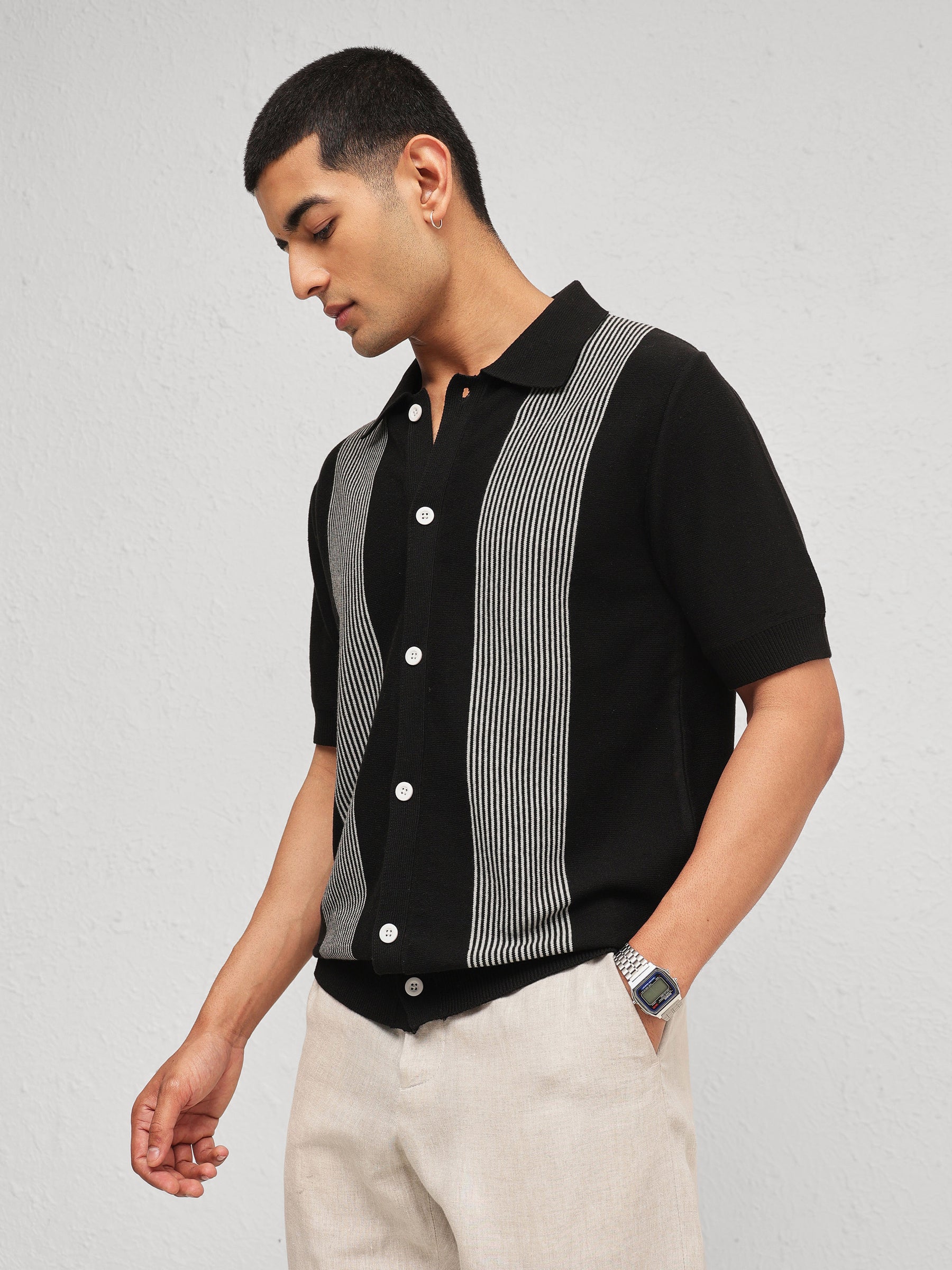 Black & Grey Front Button Open T-Shirt-MASCLN SASSAFRAS