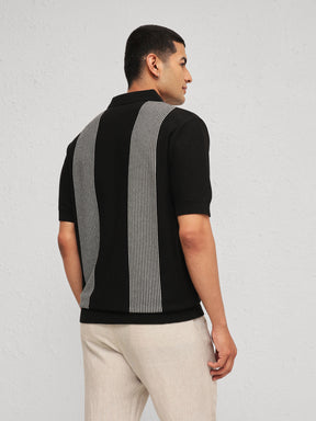 Men Black & Grey Front Button Open T-Shirt