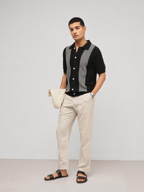 Men Black & Grey Front Button Open T-Shirt