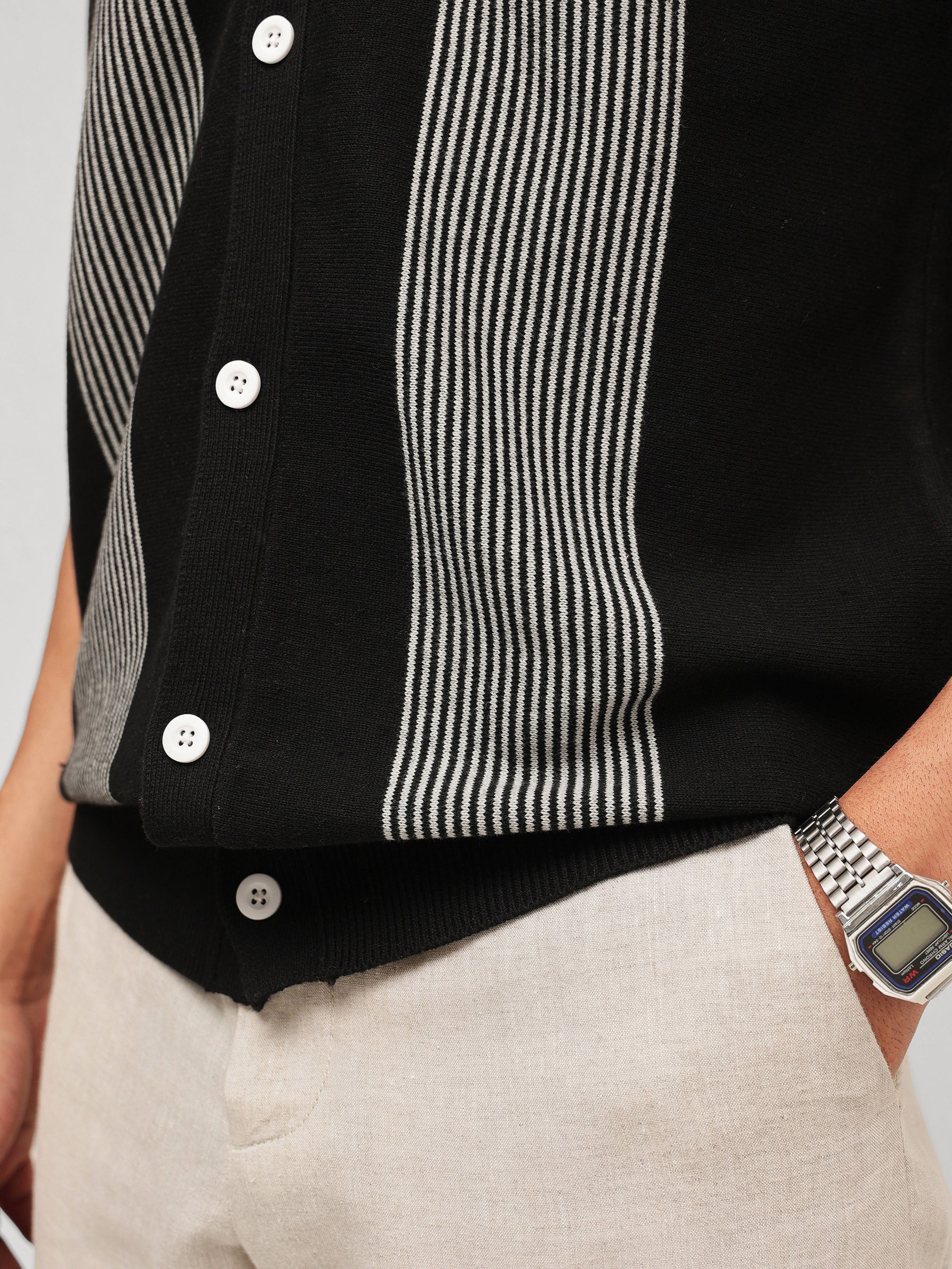 Men Black & Grey Front Button Open T-Shirt