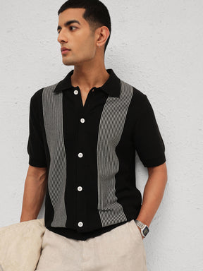 Men Black & Grey Front Button Open T-Shirt