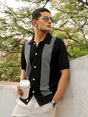 Men Black & Grey Front Button Open T-Shirt