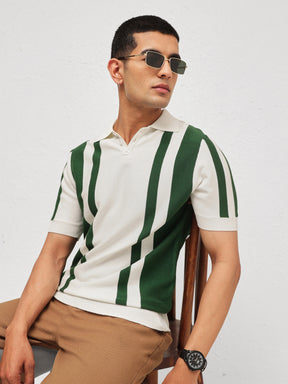 Men White & Green Stripes Relax Fit Polo T-Shirt