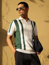 White & Green Stripes Relax Fit Polo T-Shirt-MASCLN SASSAFRAS
