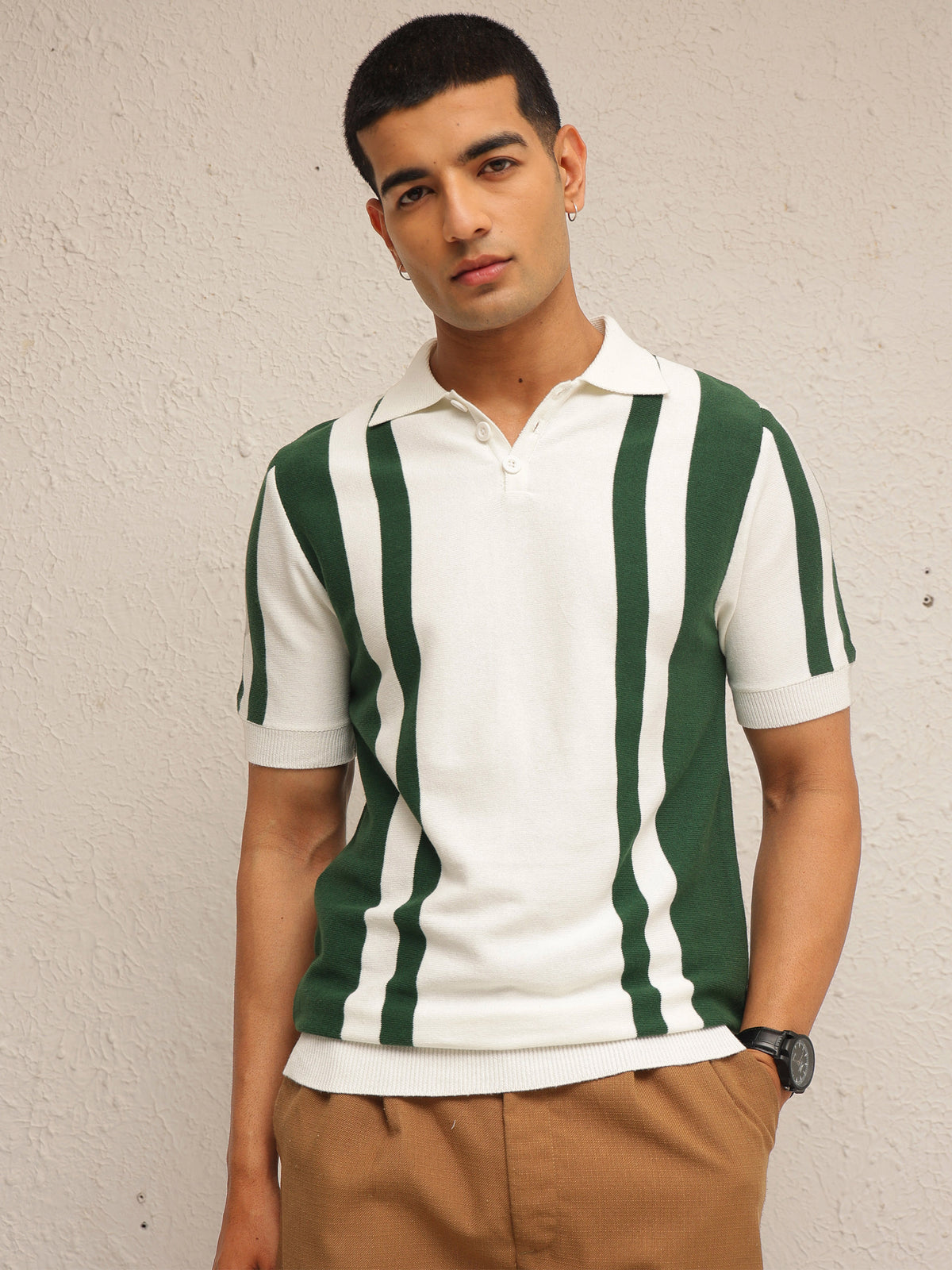White & Green Stripes Relax Fit Polo T-Shirt-MASCLN SASSAFRAS