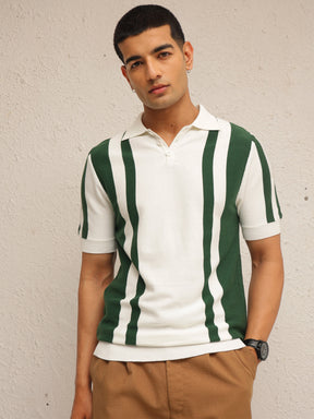 White & Green Stripes Relax Fit Polo T-Shirt-MASCLN SASSAFRAS