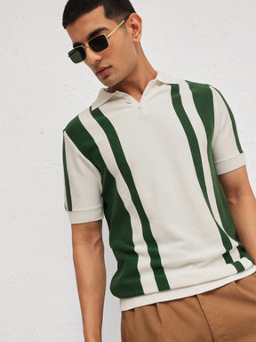 White & Green Stripes Relax Fit Polo T-Shirt-MASCLN SASSAFRAS