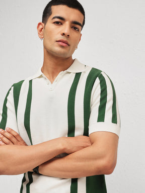 White & Green Stripes Relax Fit Polo T-Shirt-MASCLN SASSAFRAS