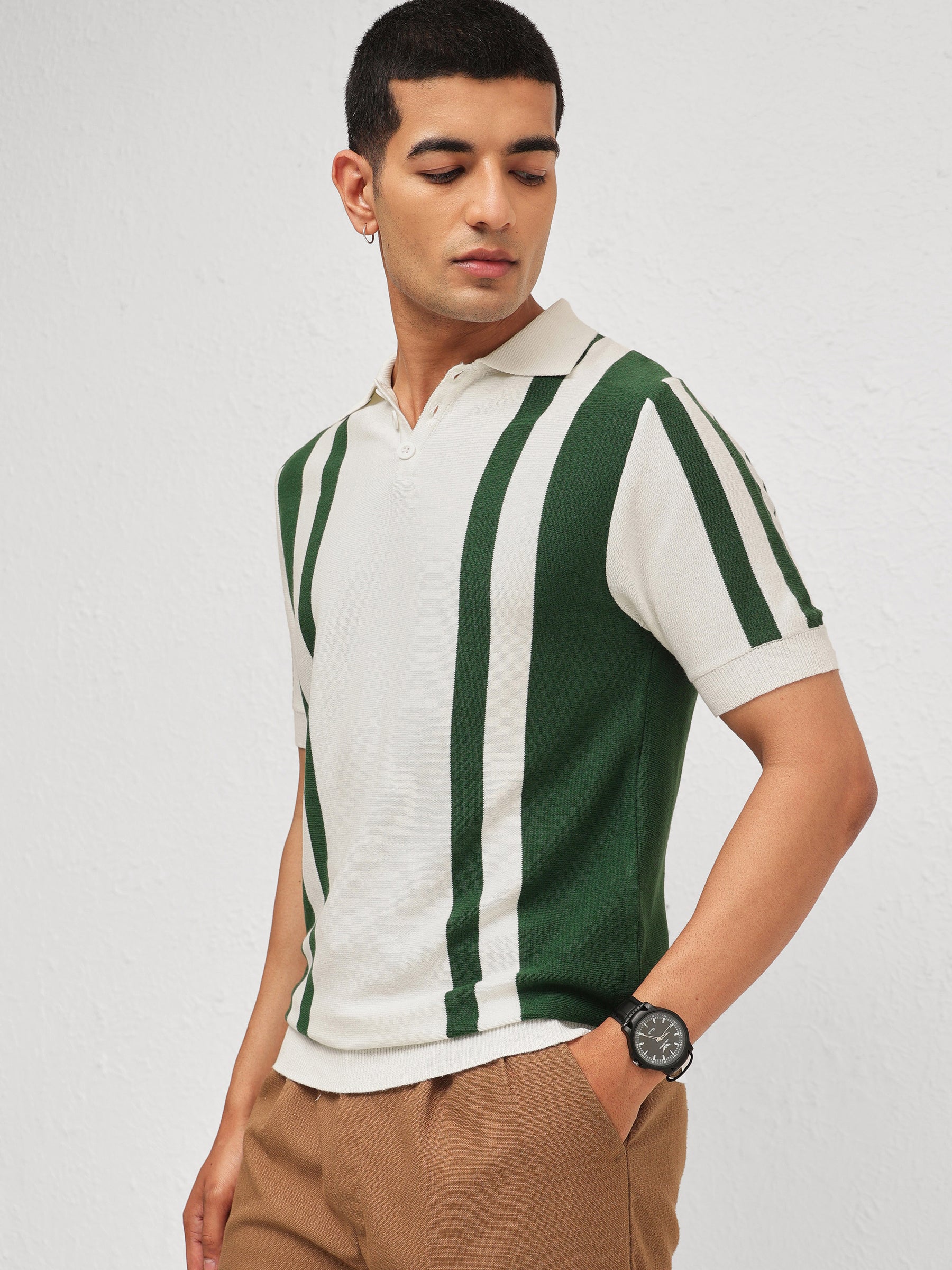 Men White & Green Stripes Relax Fit Polo T-Shirt