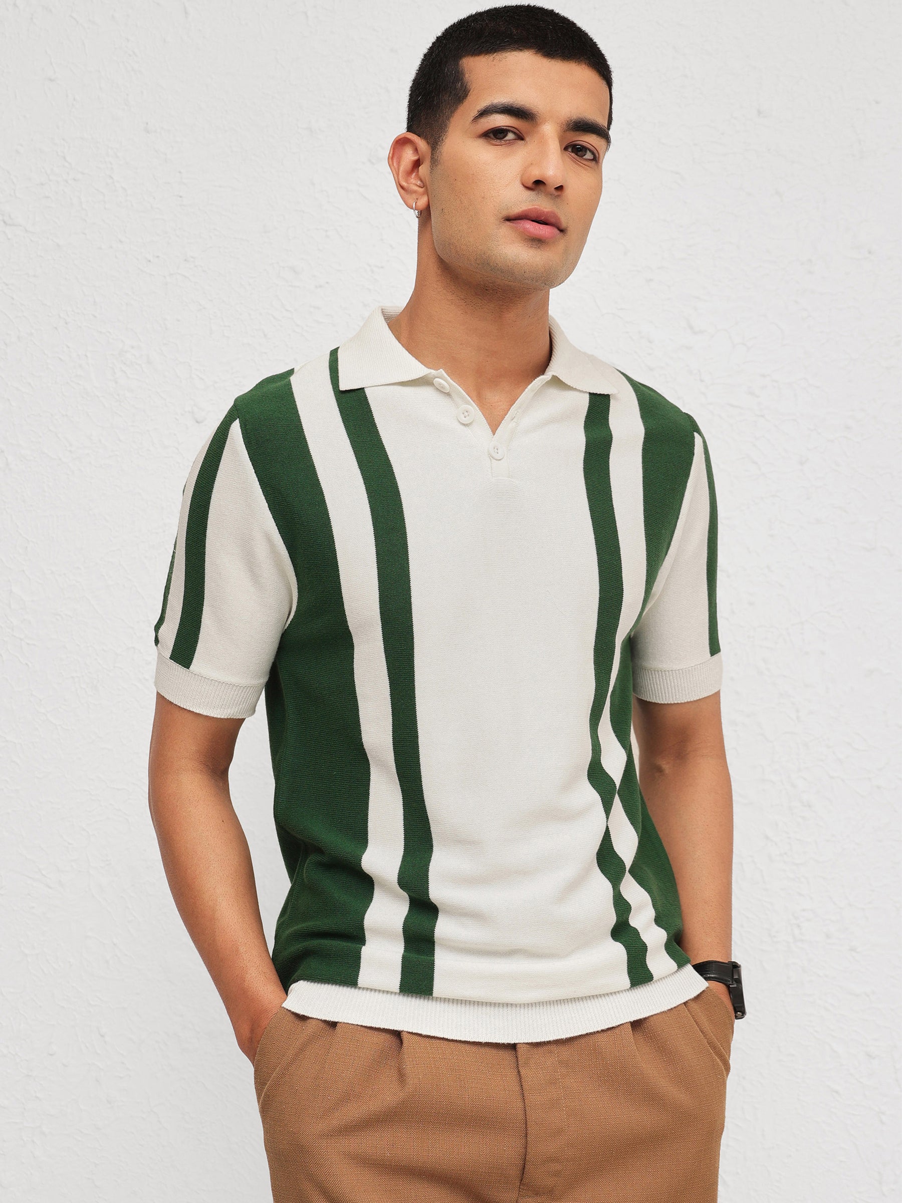 Men White & Green Stripes Relax Fit Polo T-Shirt