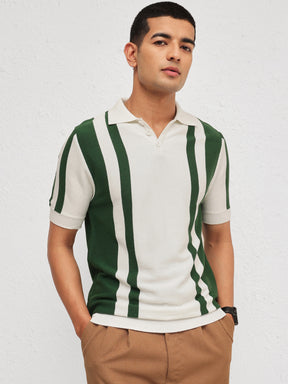 Men White & Green Stripes Relax Fit Polo T-Shirt