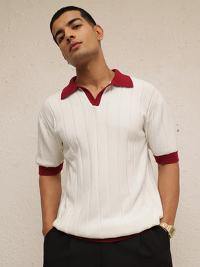 White & Maroon Rib Relax Fit Polo T-Shirt-MASCLN SASSAFRAS