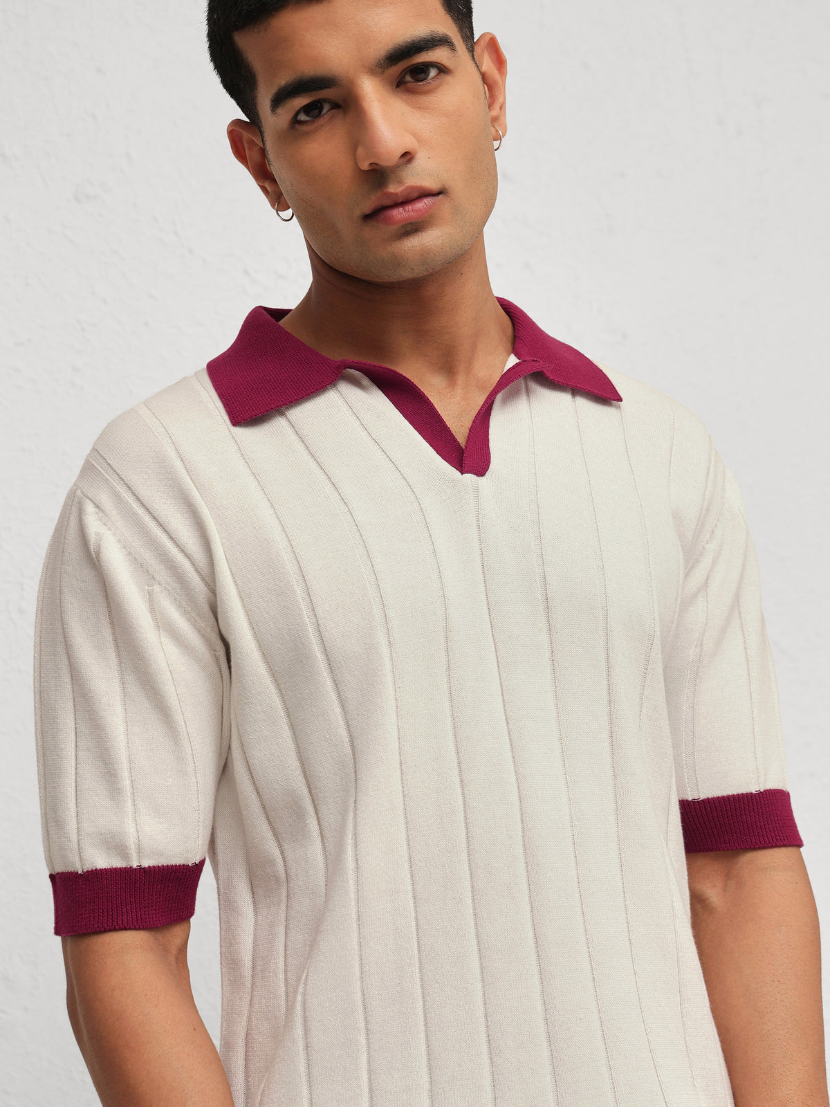 White & Maroon Rib Relax Fit Polo T-Shirt-MASCLN SASSAFRAS