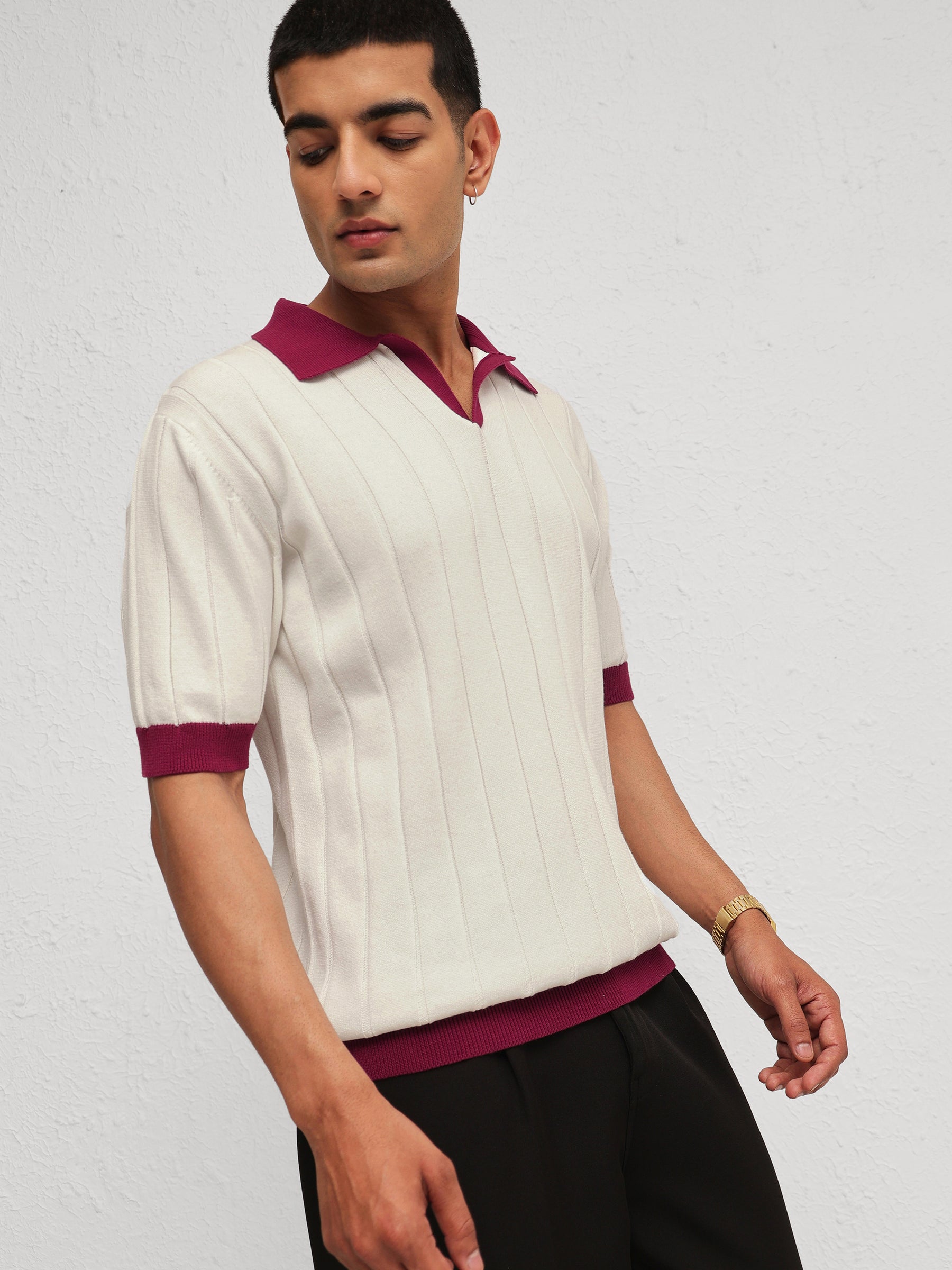 White & Maroon Rib Relax Fit Polo T-Shirt-MASCLN SASSAFRAS