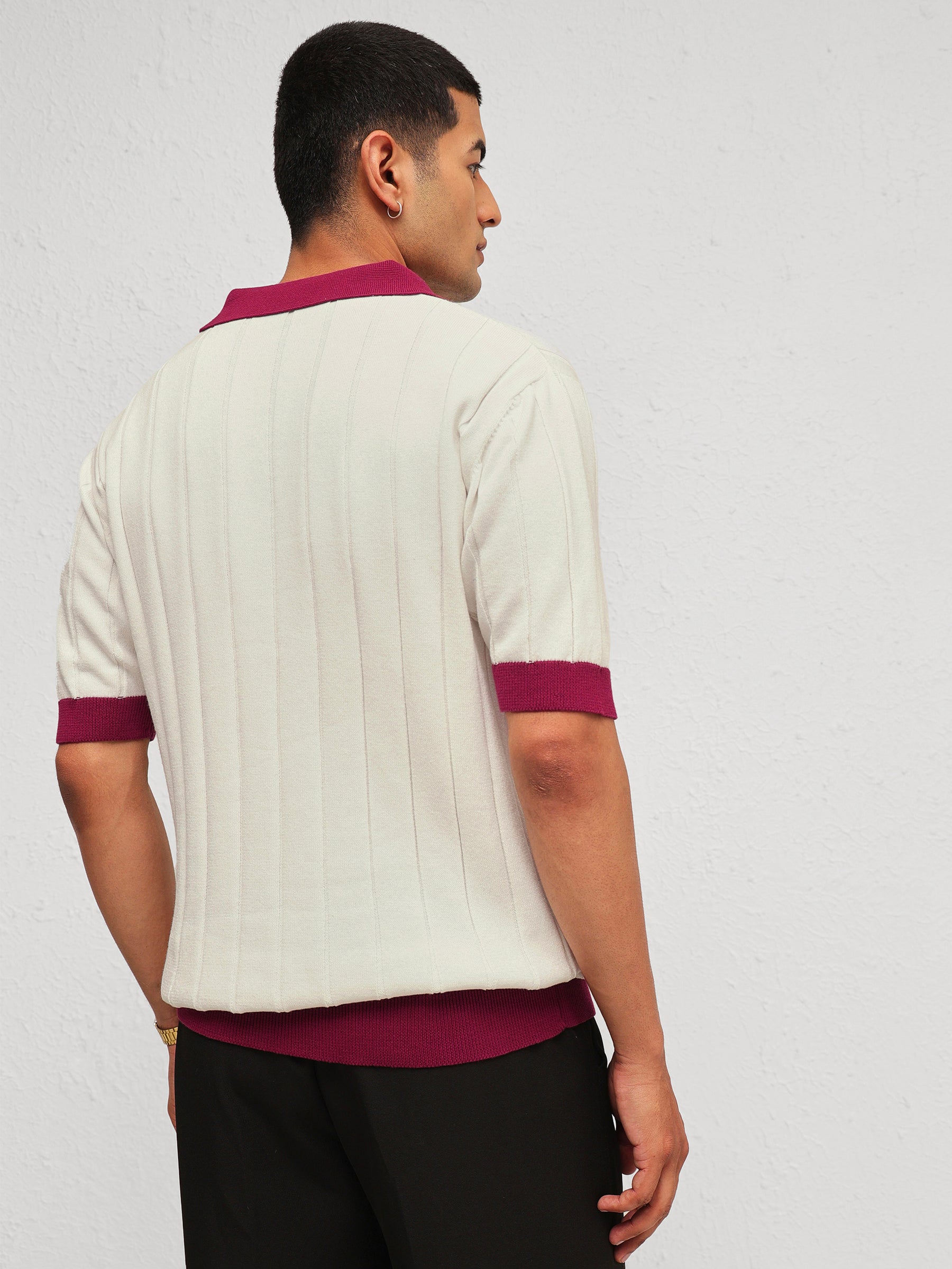 White & Maroon Rib Relax Fit Polo T-Shirt-MASCLN SASSAFRAS