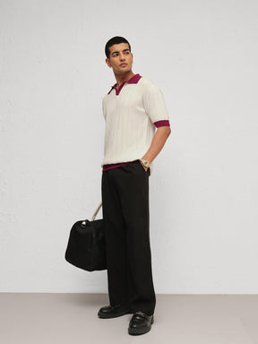 Men White & Maroon Rib Relax Fit Polo T-Shirt