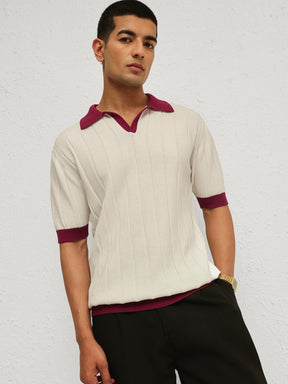 Men White & Maroon Rib Relax Fit Polo T-Shirt