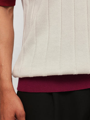 Men White & Maroon Rib Relax Fit Polo T-Shirt