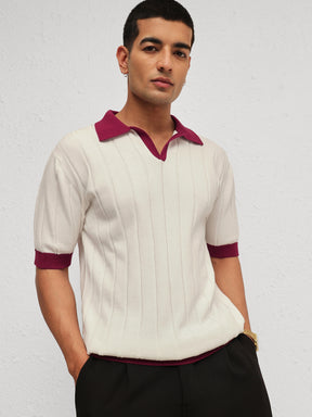 Men White & Maroon Rib Relax Fit Polo T-Shirt