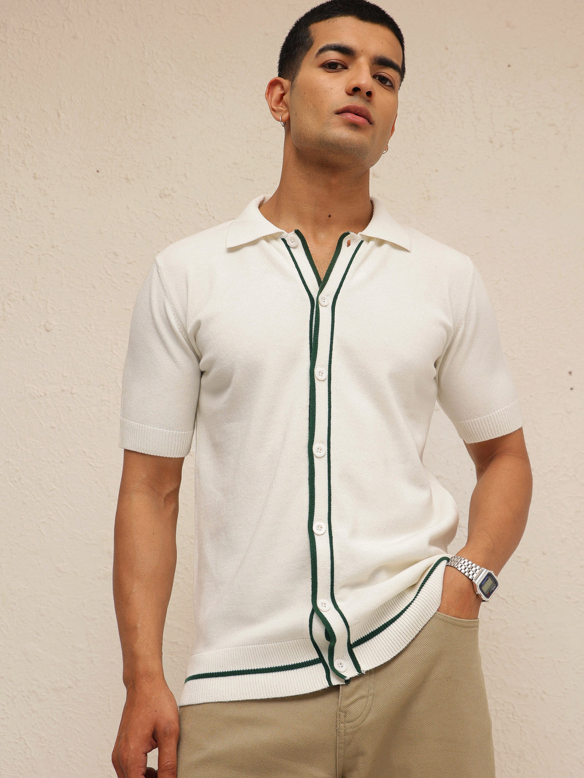 White Knitted Relax Fit Front Button Open T-Shirt-MASCLN SASSAFRAS