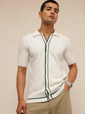 White Knitted Relax Fit Front Button Open T-Shirt-MASCLN SASSAFRAS