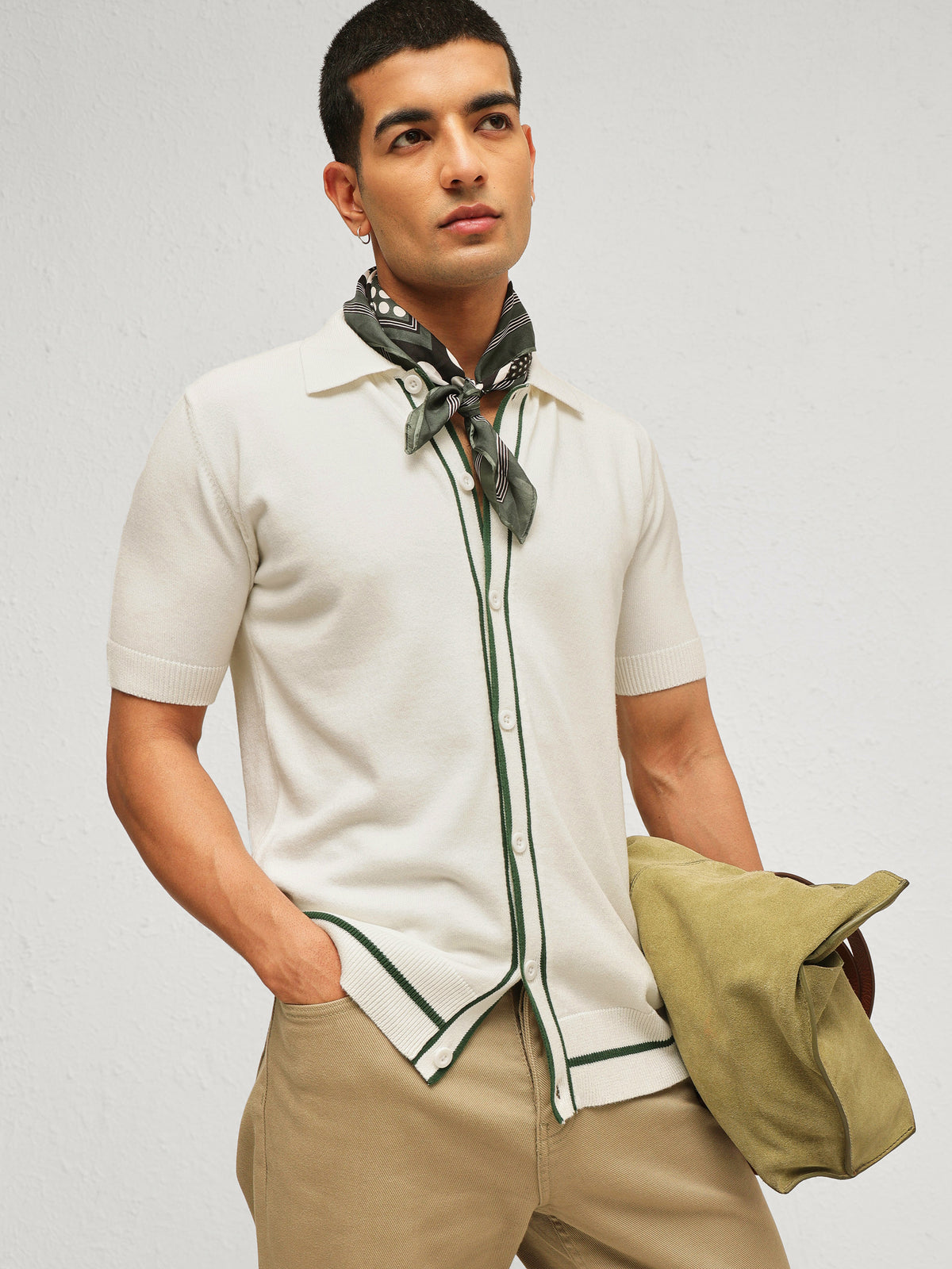 White Knitted Relax Fit Front Button Open T-Shirt-MASCLN SASSAFRAS
