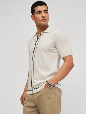 White Knitted Relax Fit Front Button Open T-Shirt-MASCLN SASSAFRAS